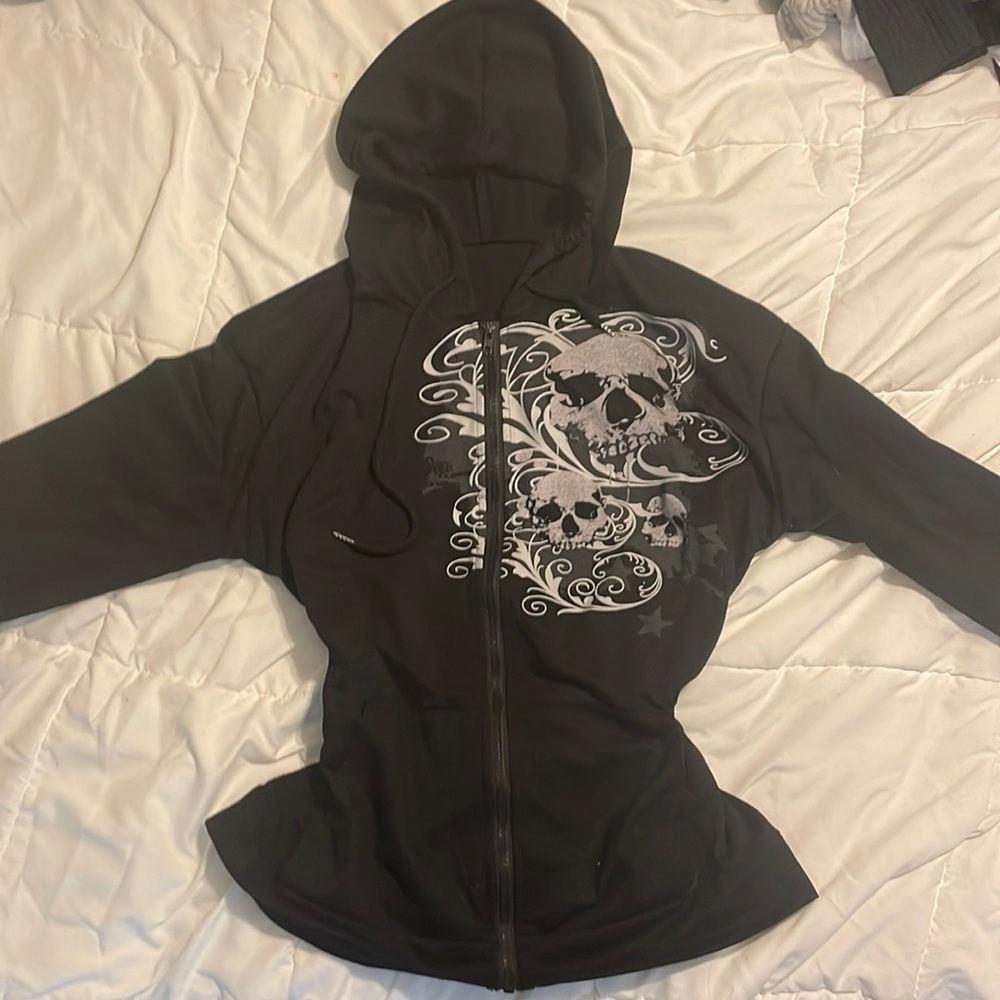 Y2K GRUNGE ZIP UP HOODIE JACKET BLACK GREY SKULLS STARS SWIRLS WOMENS MEDIUM